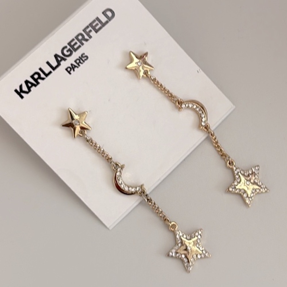 NWT [Karl Lagerfeld] Designer Star & Moon Drop Dangle Satellite Earrings - Picture 5 of 7